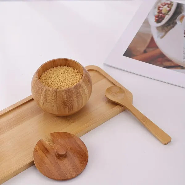 Pure Bamboo Sugar Pot Bowl | Kitchen Ingredients Seasoning Salt Spice Jar With Lid & Spoon