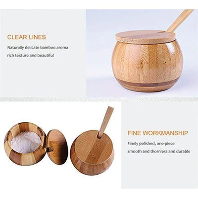 Pure Bamboo Sugar Pot Bowl | Kitchen Ingredients Seasoning Salt Spice Jar With Lid & Spoon