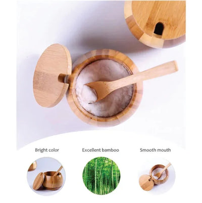 Pure Bamboo Sugar Pot Bowl | Kitchen Ingredients Seasoning Salt Spice Jar With Lid & Spoon